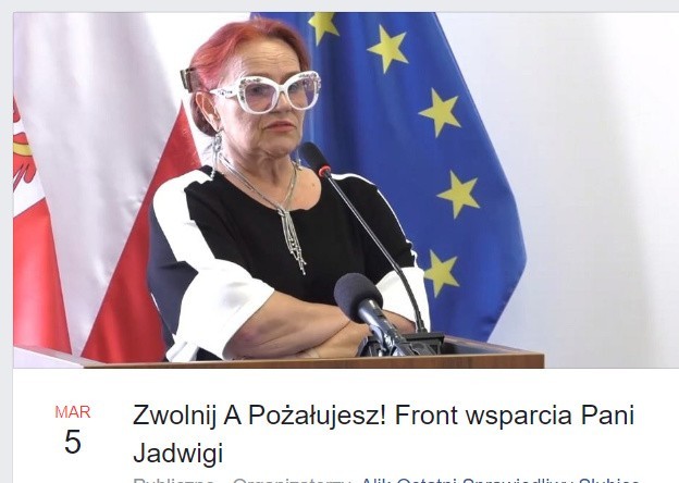 Na Facebooku utworzono specjalne wydarzenie: Zwolnij, a pożałujesz! Front wsparcia Pani Jadwigi