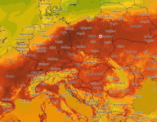Na mapie Europy widać jakie temperatury panują w Europie w niedzielę po południu. Im bardziej intensywna czerwień, tym wyższa temperatura