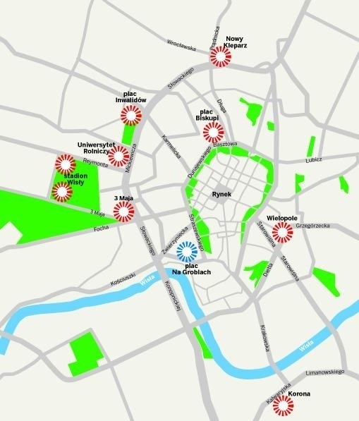 Budowę tych parkingów planowały władze miejskie. Powstał na razie tylko jeden - pod pl. Na Groblach (na niebiesko). Rusza inwestycja przy al. 3 Maja. Urzędnicy szukają jeszcze inwestora dla obiektu pod pl. Biskupim. Reszta parkingów podziemnych na razie wypadła z budżetowych planów