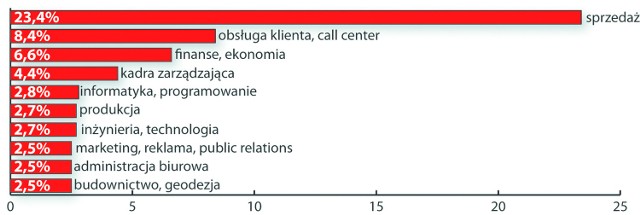 Rekrutacja – najpopularniejsze branże w internecie (odsetek ofert). Źródło: Praca.Money.pl, dane serwisów rekrutacyjnych z 2009 roku.