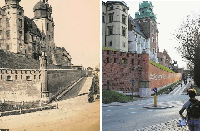 Ulica Podzamcze u stóp Wawelu - przed II wojną i obecnie, gdy od lat 40. ubiegłego wieku jej poziom jest podniesiony