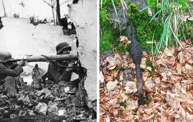 Z prawej pocisk do Panzerschrecka znaleziony w Szczecinie, po lewej żołnierze dywizji Grossdeutschland używający granatnika w czasie walk w 1944 roku