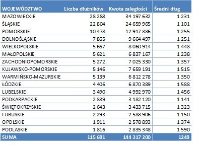 Długi gapowiczów według regionów.