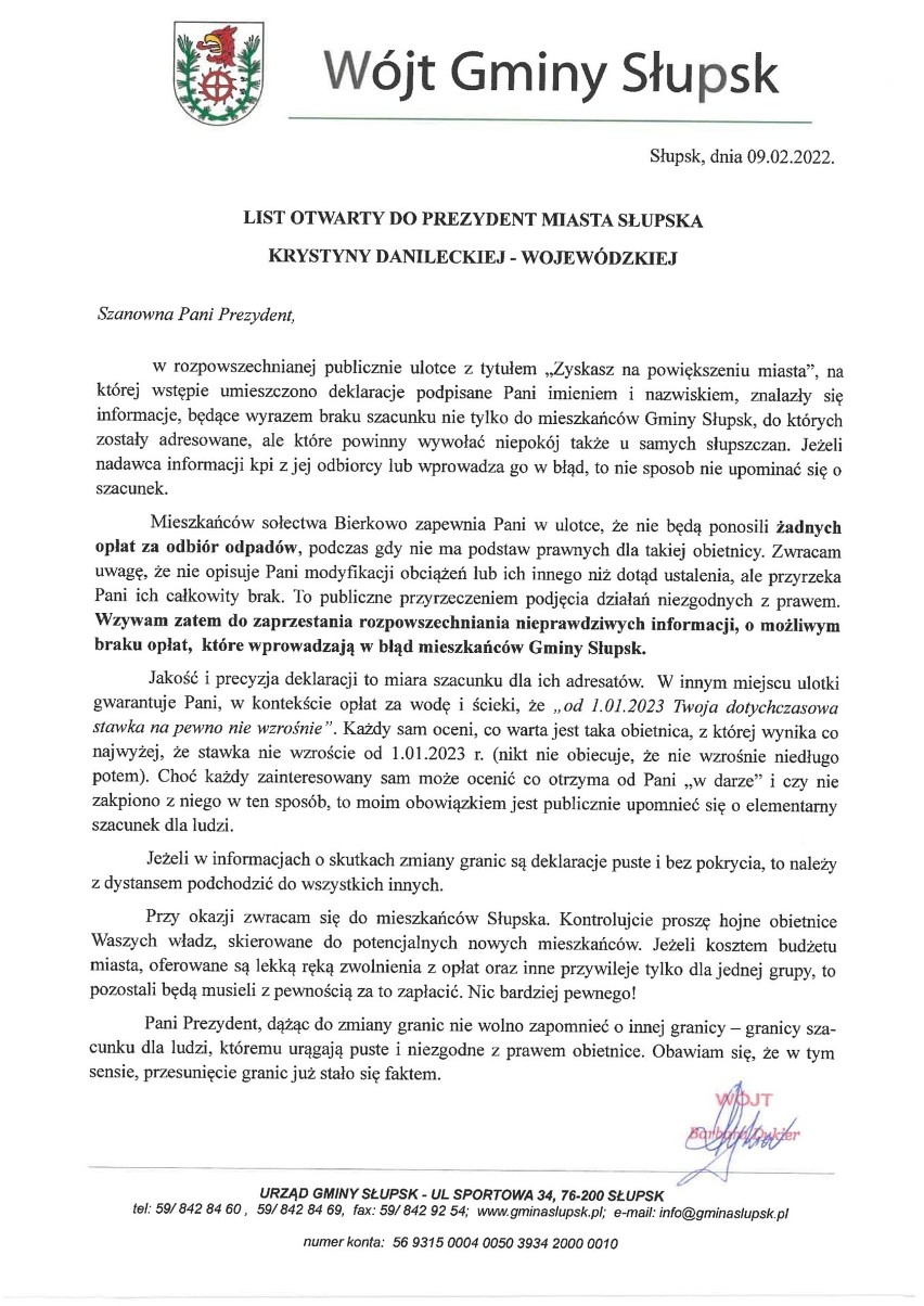List otwarty do prezydent miasta Słupska.