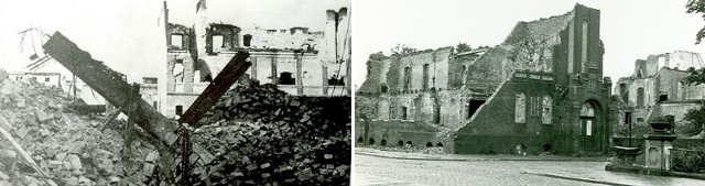 Zdjęcia archiwalne z 1945 roku: 1. Widok na ruiny z alei 23 Stycznia na Małogroblową.2. Wypalony budynek starostwa (róg ul. Młyńskiej i Sikorskiego, nad kanałem Trynka).