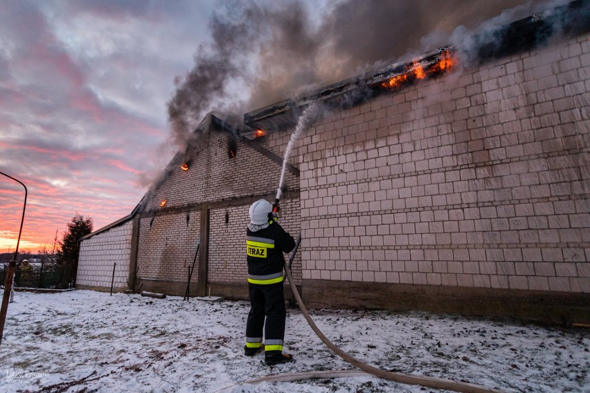 Krypno Kościelne. 11 zastępów gasiło duży pożar zabudowań gospodarczych. Zablokowana była droga wojewódzka 671 [ZDJĘCIA]