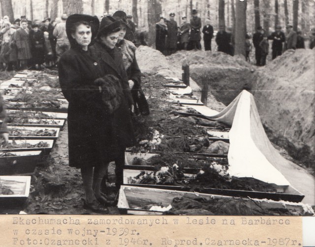 Zdjęcie z powojennej ekshumacji ofiar niemieckich mordów na Barbarce