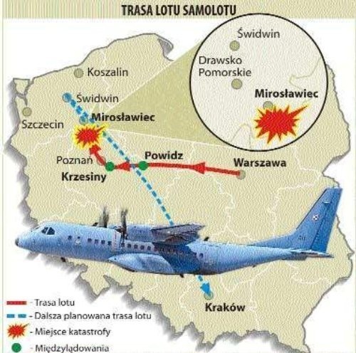 CASA C-295 miała przelecieć z Warszawy do Krakowa okrężną drogą. Lądowała w Powidzu i podpoznańskich Krzesinach. W Mirosławcu doszło do wypadku.