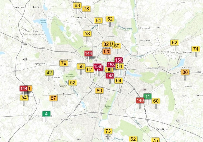 Tak wygląda jakość powietrza w Poznaniu wg strony aqicn.org,...