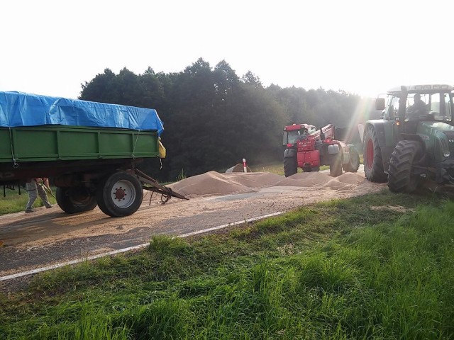 Dziś rano na drodze krajowej nr 45 w Straduni w powiecie krapkowickim przewróciła się przyczepa ciągnięta przez traktor. Na jezdnię wysypało się 15 ton zboża. Droga była zablokowana dwie godziny.Do zdarzenia doszło w momencie kiedy traktor ciągnący dwie przyczepy był na zakręcie. Wówczas przewróciła się jedna z nich. Na jezdnię wysypało się 15 ton zboża.- Jak ustalili policjanci, przyczyną tego zdarzenia był fakt, że kierowca ciągnika nie podłączył przewodu hamulcowego jednej z przyczep, przez co podczas pokonywania zakrętu nie mógł dostatecznie wyhamować - mówi Monika Mrugała z Komendy Wojewódzkiej Policji w Opolu.