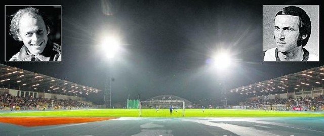 Stadion, na którym grają piłkarze Stali Mielec, jest dziś dumą Podkarpacia. Na małych zdjęciach gwiazdy dawnej  Stali - po lewej Grzegorz Lato, po prawej Jan Domarski