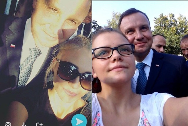 Po lewej Marysia Mazelewska, po prawej Małgosia - dziewczyny zrobiły sobie selfie z prezydentem Andrzejem Dudą podczas jego wizyty w Pińczowie.