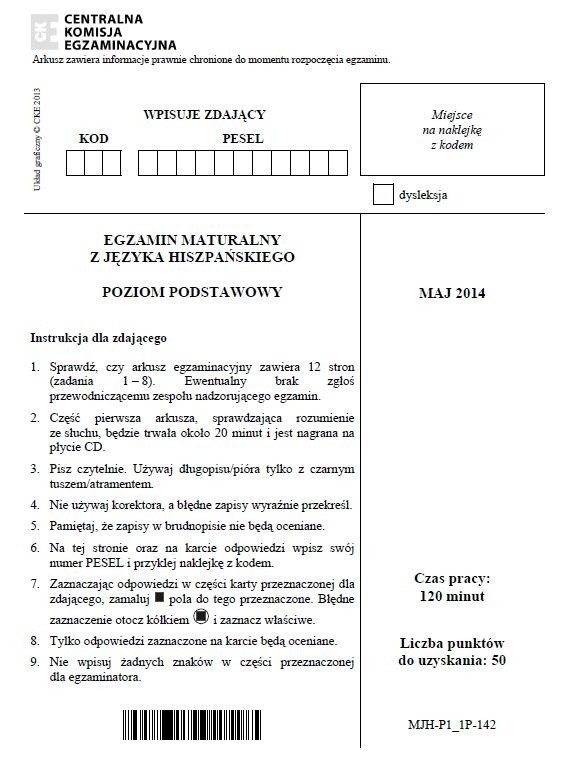 Matura 2014 Hiszpański na poziomie podstawowym