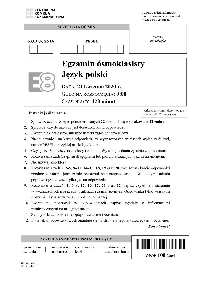 Egzamin ósmoklasisty j. polski 2020 - arkusze CKE
