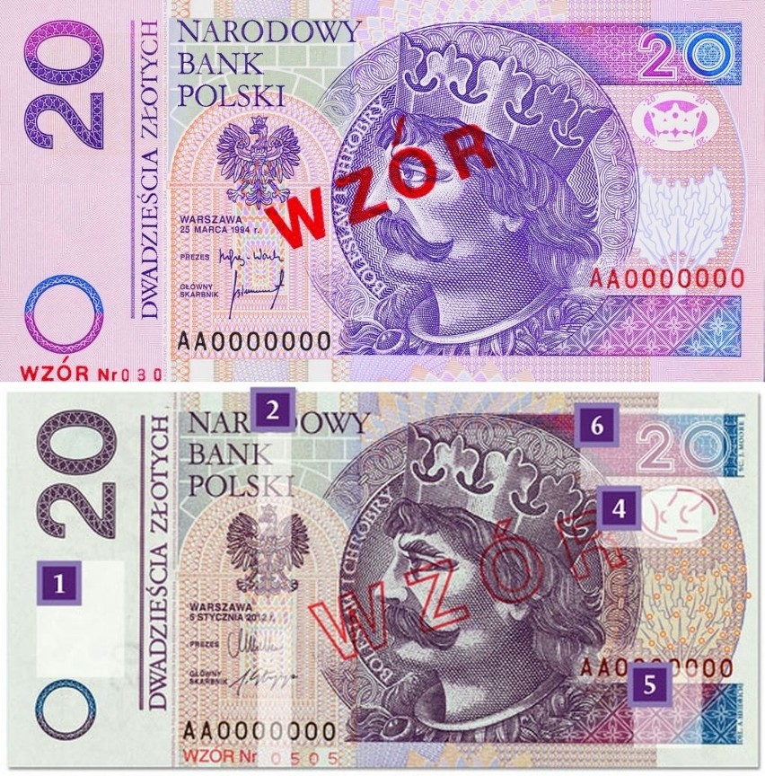 Wzory banknotów przed i po zmianach