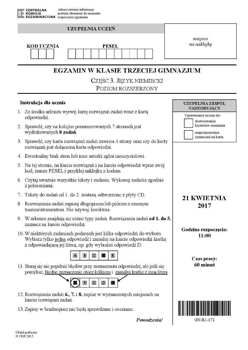 EGZAMIN GIMNAZJALNY 2017: JĘZYK NIEMIECKI - ROZSZERZENIE...