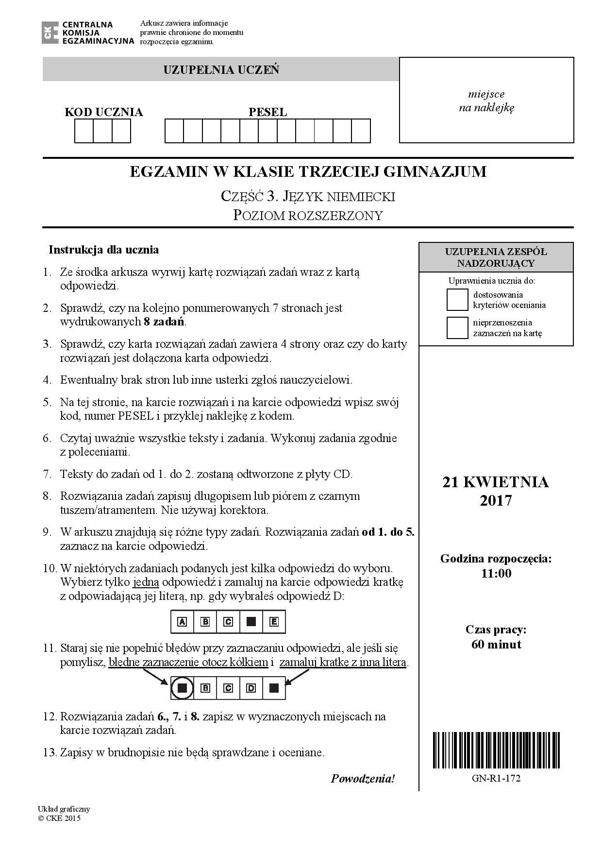 EGZAMIN GIMNAZJALNY 2017: JĘZYK NIEMIECKI - ROZSZERZENIE [ODPOWIEDZI