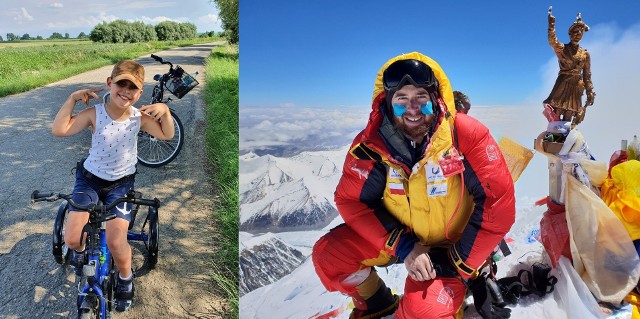 Fillip Tabor na rowerze w okolicach Bochni (czerwiec 2020) oraz Szczepan Brzeski na Mount Everest (17 maja 2018)