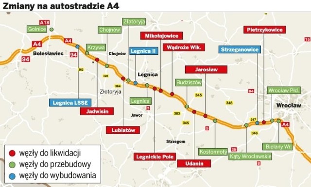 110 kilometrów autostrad A4 i A18 zostanie gruntownie przebudowanych - cały odcinek od Wrocławia aż do węzła Krzyżowa. ZOBACZ MAPĘ W POWIĘKSZENIU