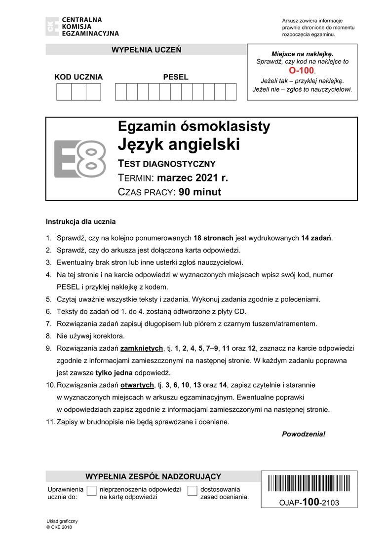 Próbny egzamin ósmoklasisty 2021: angielski. ARKUSZE CKE,...
