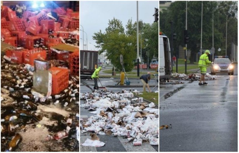 Na al. Włókniarzy piwo (butelki, puszki) wypadło z naczepy tira i zablokowało skrzyżowanie [ZDJĘCIA]