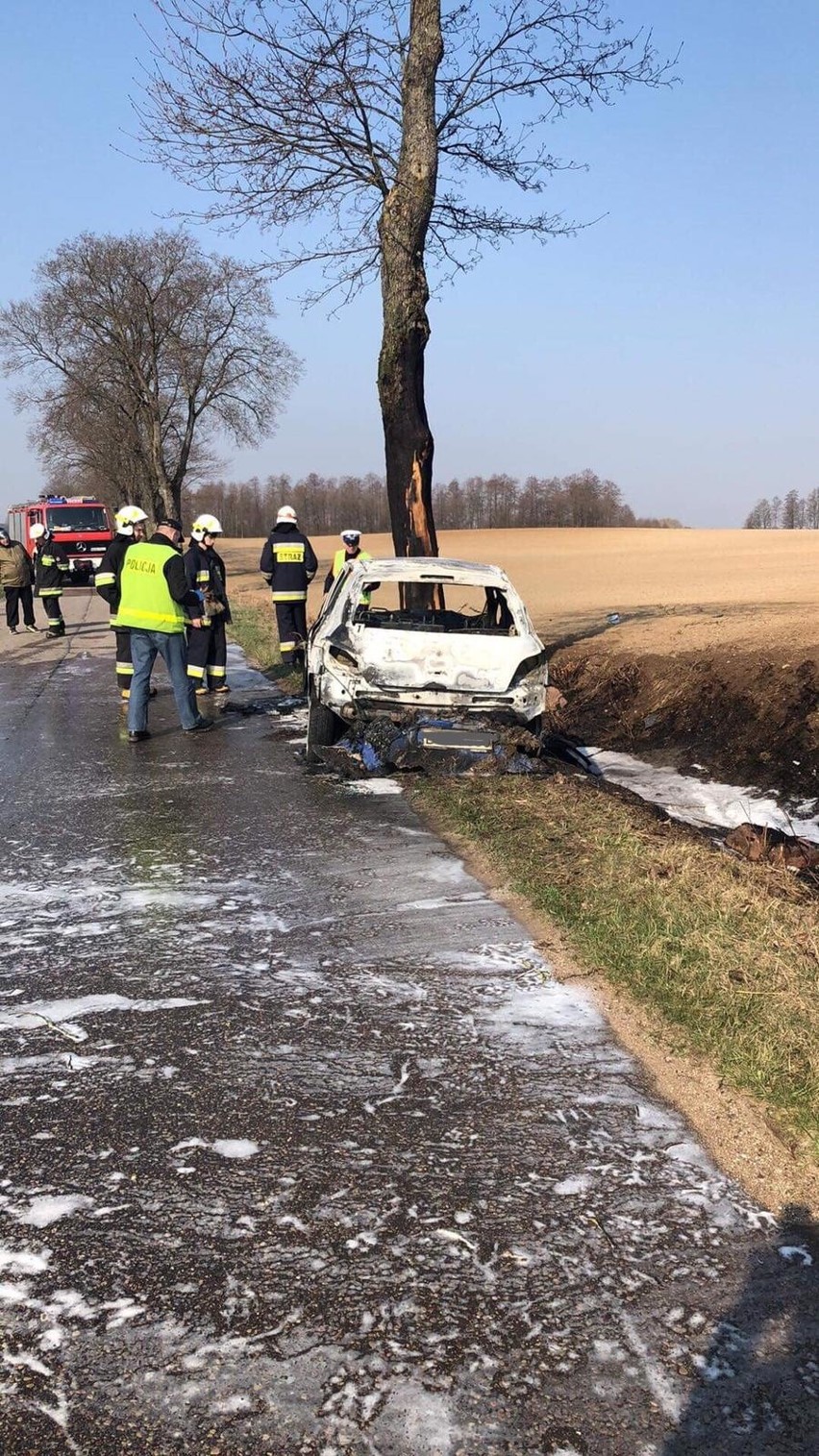 Krzyżewko. Samochód uderzył w drzewo i doszczętnie spłonął (zdjęcia)