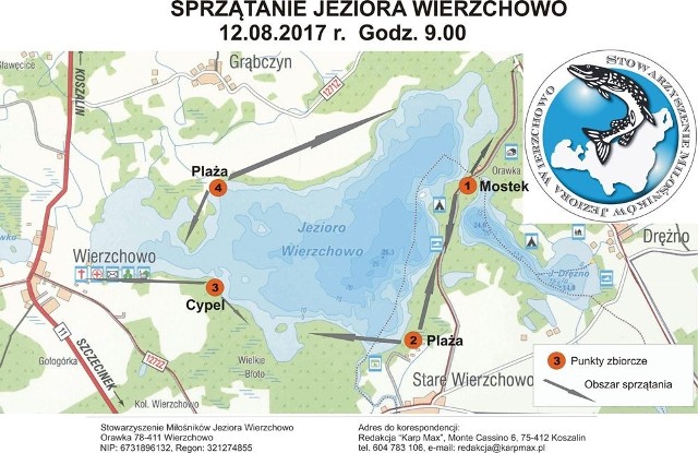 Mapka okolic jeziora Wierzchowo z zaznaczonymi punktami zbiórki osób chcących posprzątać po turystach. 