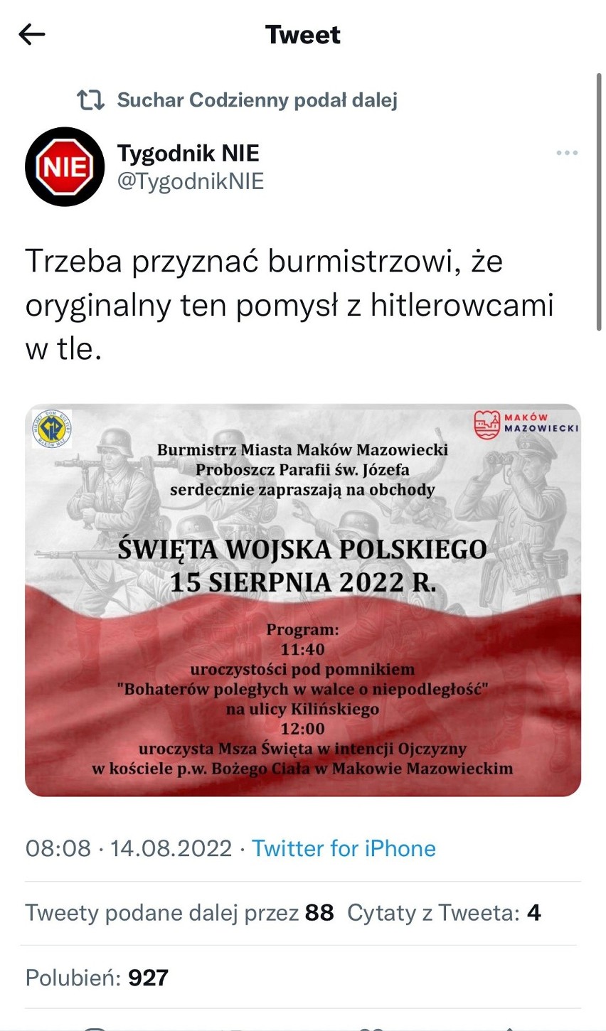 Maków Mazowiecki. Plakat dotyczący obchodów Święta Wojska Polskiego z hitlerowcami w tle. Urząd Miasta przeprasza. 14.08.2022