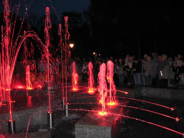 Tłumy ludzi zjawily się w miejskim parku, aby obejrzeć nową fontannę