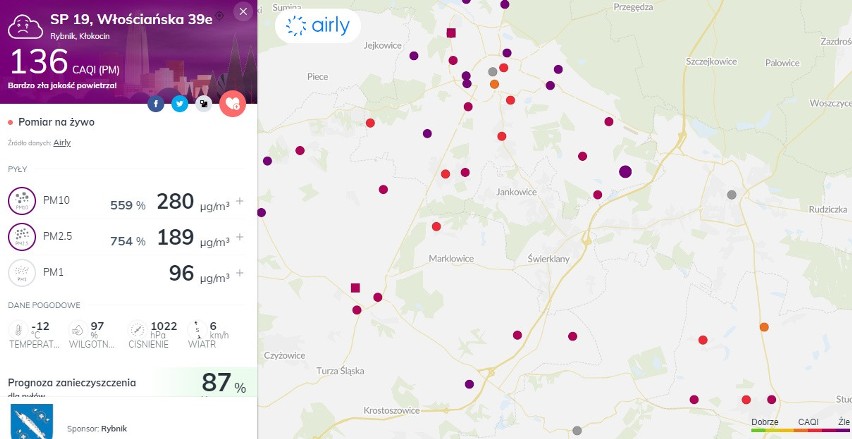 Zła i bardzo zła jakość powietrza 18 grudnia 2020 w Rybniku,...