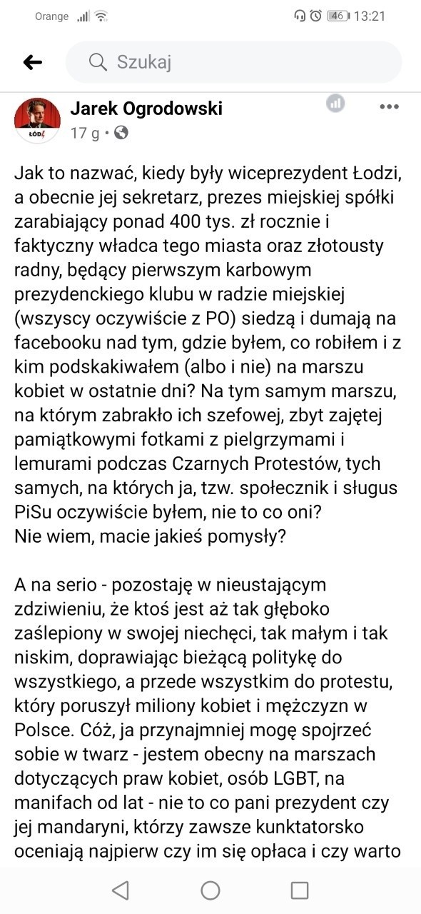 Burza po wpisie sekretarza miasta Łodzi o "nawróceniach w PiS" i "tzw. społecznikach na usługach PiS". Reakcja? "Podły kłamca" 