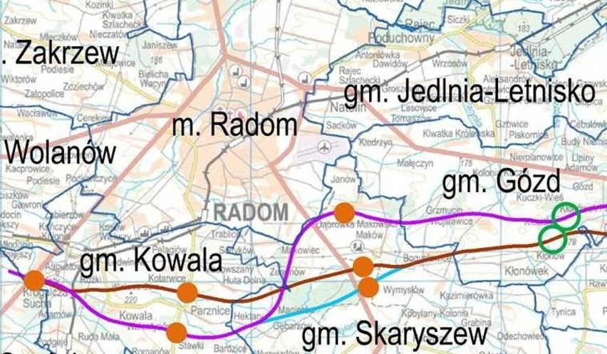 Warianty przebiegu trasy S-12 w powiecie radomskim.