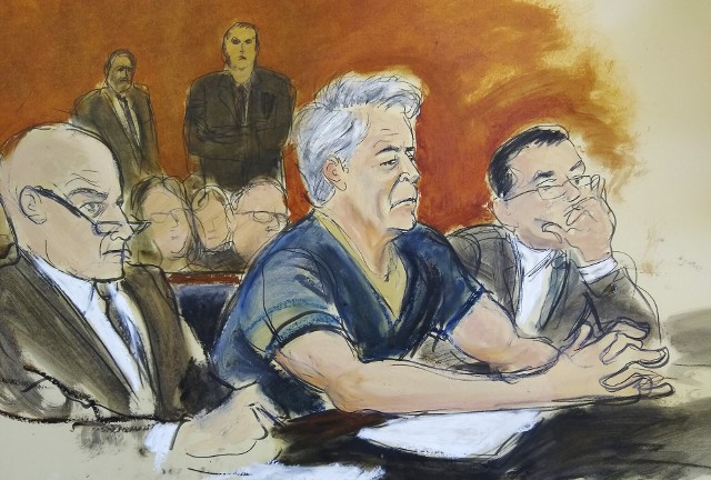 Jeffrey Epstein podczas procesu 8 lipca na Manhattanie wraz ze swoimi obrońcami. Grafika.