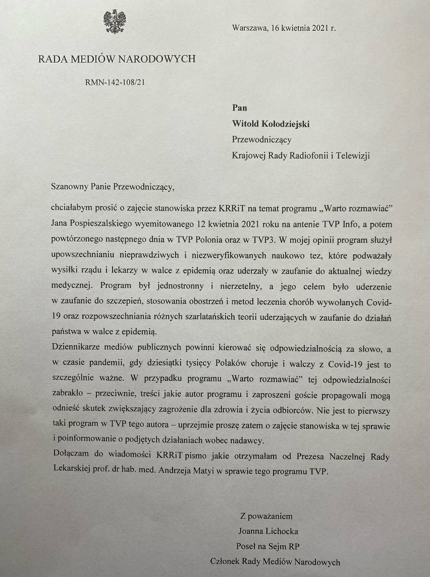 List Joanny Lichockiej do Krajowej Rady Radiofonii i...