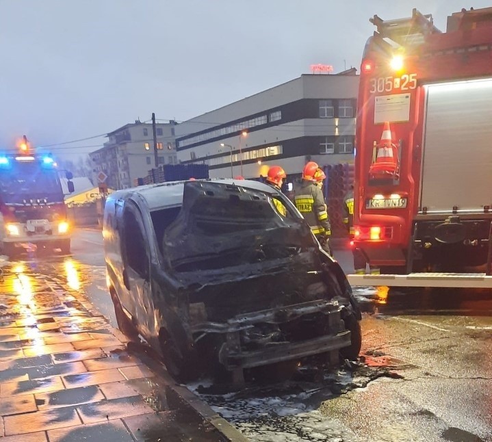 Kraków. Poranna akcja strażaków na Górce Narodowej. Przy ul. Kuźnicy Kołłątajowskiej doszło do pożaru samochodu dostawczego [ZDJĘCIA]