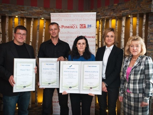 Od lewej laureaci: Daniel Kurs, Jarosław Cichosz i Wioletta Grzybowska. Obok: Katarzyna Paszkowska (kierownik sekcji) i Irena Mularczyk (naczelnik UP nr 8 w Słupsku). 