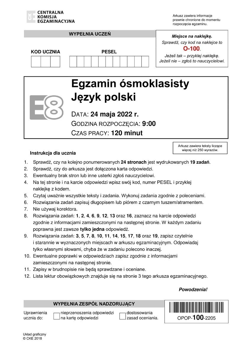 Egzamin ósmoklasisty. Język Polski. Arkusze CKE, pytania,...