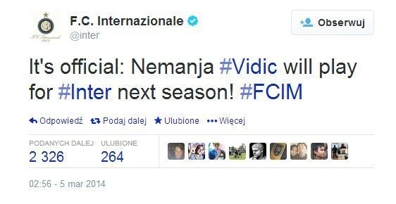 Nemanja Vidic przechodzi do Interu