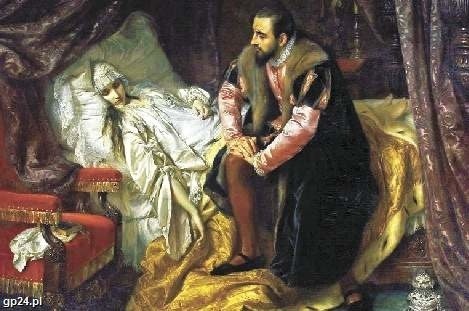 Śmierć Barbary Radziwiłłówny, obraz Józefa Simmlera z 1860 r. Lekarze do dziś się spierają, czy przyczyną jej śmierci była kiła czy rak szyjki macicy. Kochający ją Zygmunt August, sam chory wenerycznie, towarzyszył jej wiernie do końca.