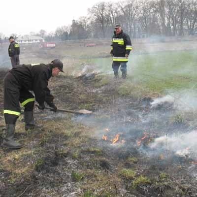 Przy płonących trawach strażacy mają wiele roboty. Na zdjęciu ochotnicy z Iłowej walczą z żywiołem.
