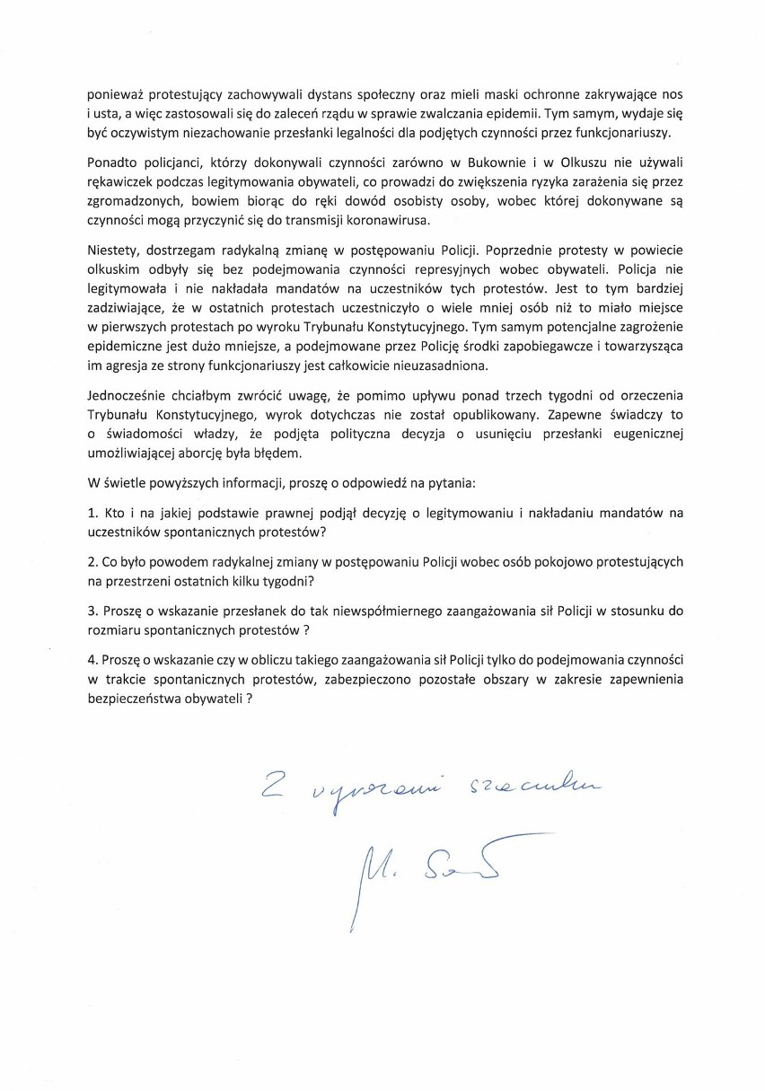 List posła Marka Sowy do olkuskiego komendanta policji