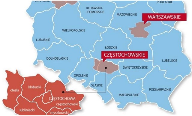 Tak wyglądałoby województwo częstochowskie reaktywowane w starym kształcie razem z powiatem oleskim.