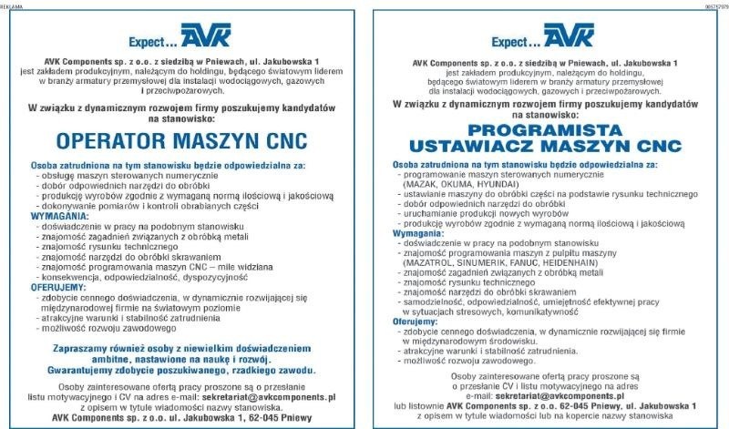 Oferty pracy- Operator Maszyn CNC oraz Programista Ustawiacz Maszyn CNC