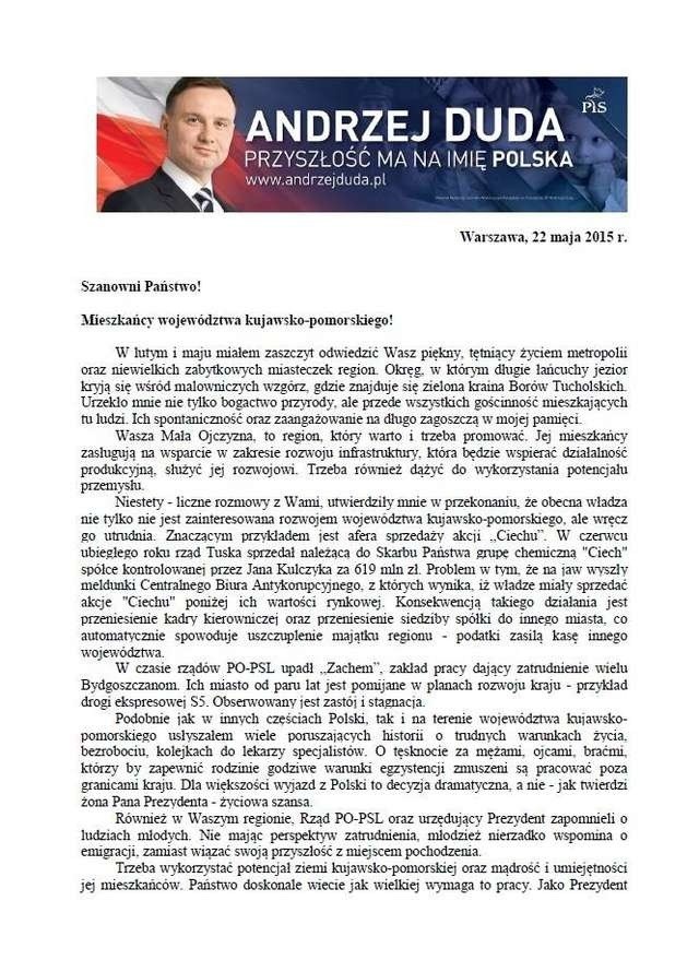 Andrzej Duda pisze do mieszkańców Kujawsko-Pomorskiego