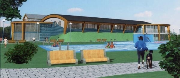 Wizualizacja CTiR w Namysłowie. Na pierwszym planie widać jak ma wyglądać przyszłe kąpielisko. Z boku (niewidoczne na zdjęciu) mają być 2 zjeżdżalnie wodne i brodzik dla dzieci.