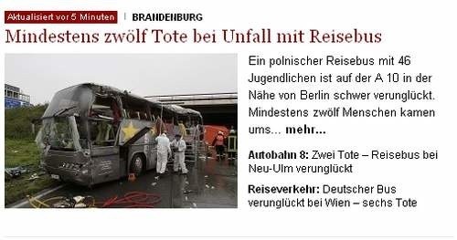 Wypadek polskiego autokaru jest głównym tematem w niemieckich mediach. O tragedii informuje m. in. strona internetowa Die Welt.
