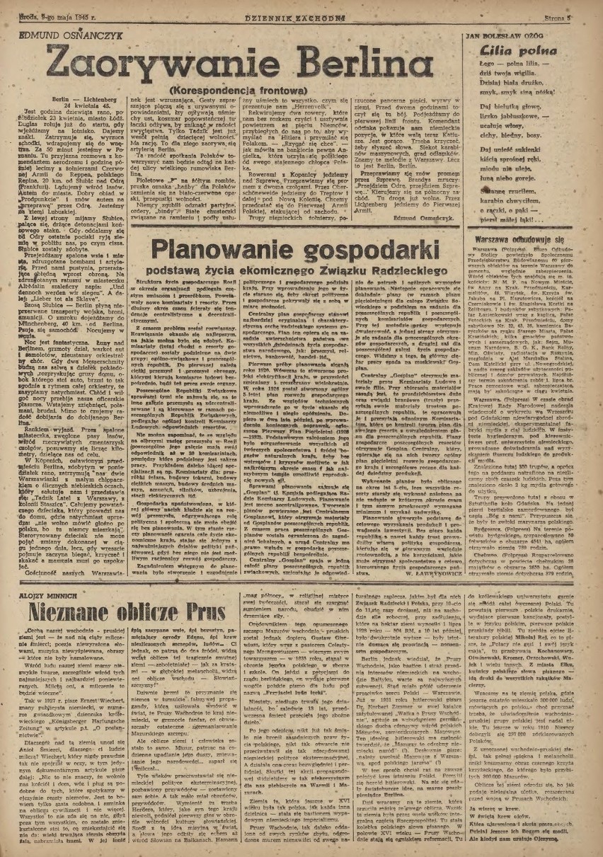 Dziennik Zachodni i Trybuna Śląska z 9 maja 1945 poświęcały...