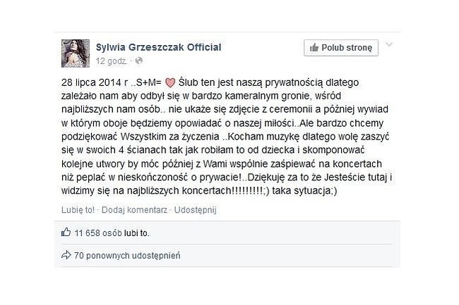 Wpis Sylwii Grzeszczak (fot. screen z Facebook.com)
