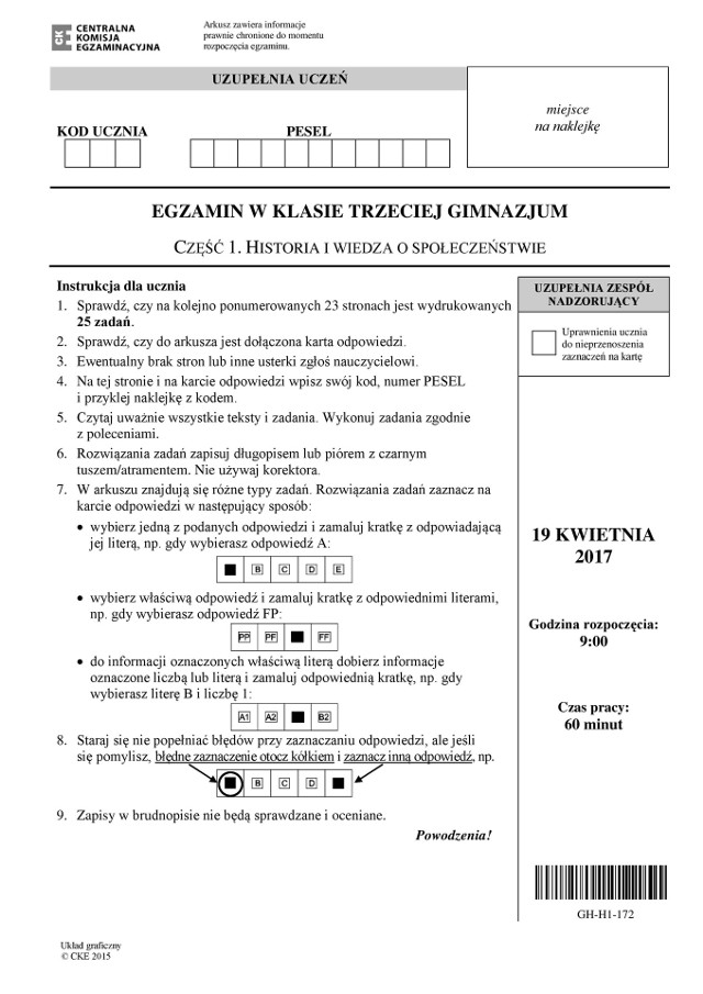 EGZAMIN GIMNAZJALNY 2017 ARKUSZE PDF CKE, KLUCZ ODPOWIEDZI