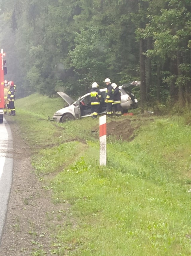 Wypadek na DK 8 koło Katrynki. Samochód wypadł z drogi i dachował